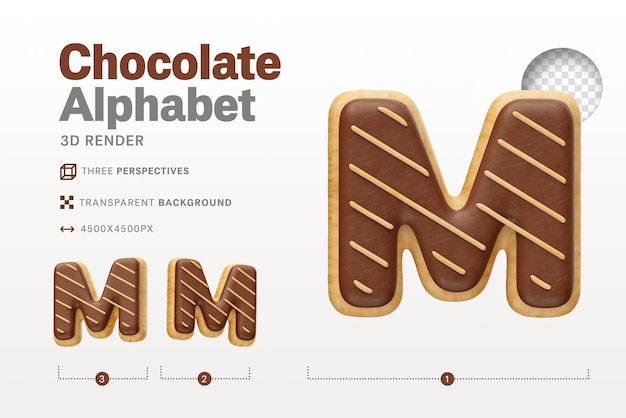 Lettera M realistica a forma di ciambelle al cioccolato in 3d render con sfondo trasparente