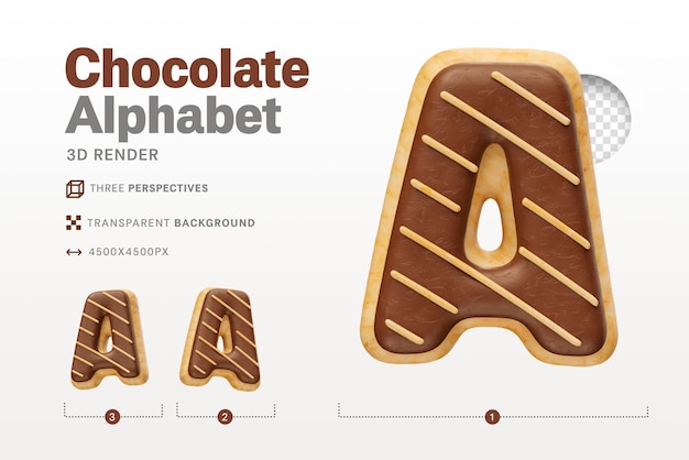 Lettera realistica A a forma di ciambelle al cioccolato in 3d render con sfondo trasparente