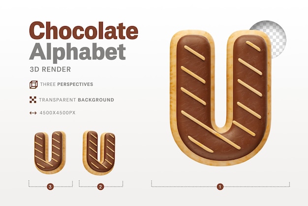 Lettera U realistica a forma di ciambelle al cioccolato in 3d render con sfondo trasparente