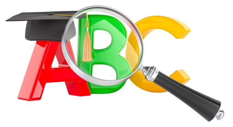 PSD lettere abc con cappello didattico e lupe rendering 3d isolato su sfondo trasparente