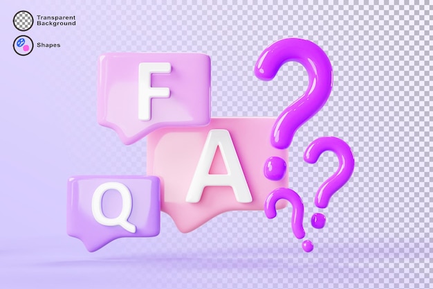 Lettere FAQ su bolle di discorso con segni d'interrogazione su sfondo viola rendering 3D Messaggi di chat icone a colori ricerca risposta dialogo online con supporto Caselle di conversazione con segni di domanda