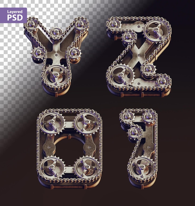 PSD lettere in stile steampunk 3d fatte di ingranaggi e catena per bici