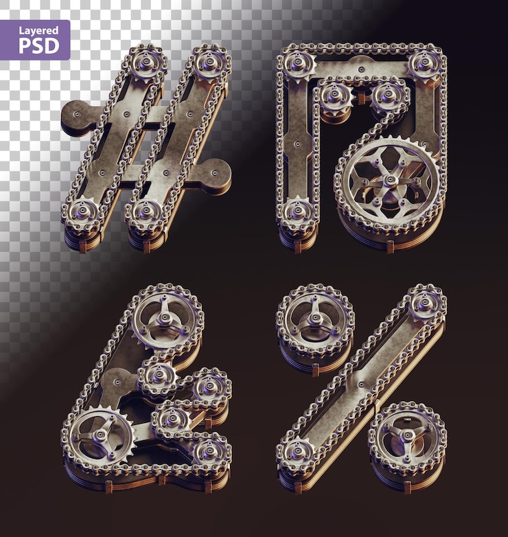 PSD lettere in stile steampunk 3d fatte di ingranaggi e catena per bici