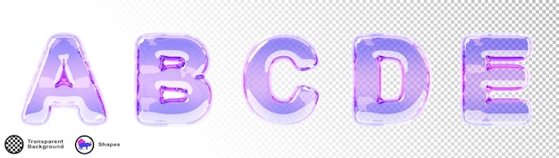 Lettere olografiche in vetro 3D a b c d e alfabeto inglese di bolle trasparenti liquide palloncini di testo lucidi iridescenti con consistenza gradiente isolati set di rendering realistico