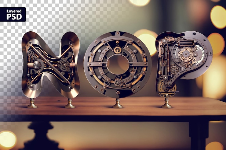 PSD lettere steampunk vintage in piedi sul tavolo con sfondo bokeh sfocato