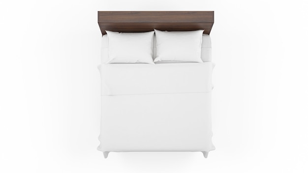 Letto matrimoniale con struttura in legno e lenzuola bianche, isolato, vista dall'alto