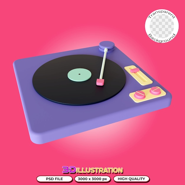 Lettore di vinile retrò 3D isolato su uno sfondo trasparente