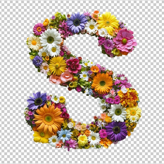 Une lettre 3D 39S39 fabriquée à partir de fleurs colorées placées sur un fond blanc