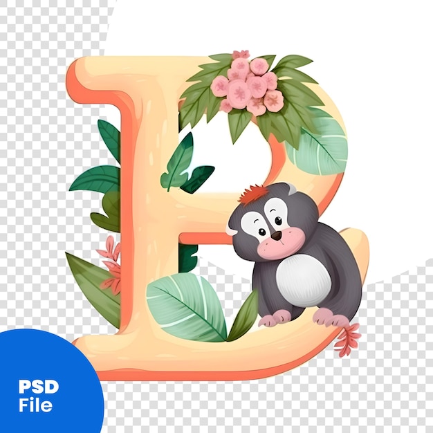 PSD lettre de l'alphabet b avec un mignon singe et des fleurs modèle psd d'illustration vectorielle