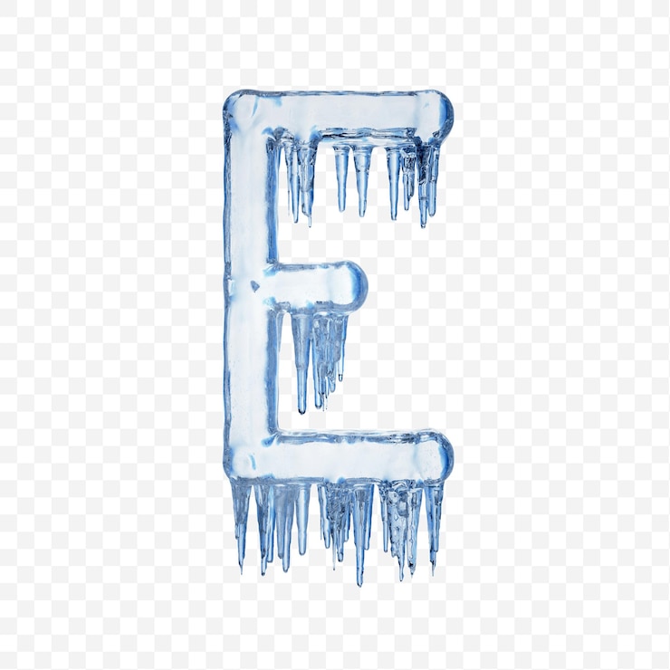 PSD lettre de l'alphabet e faite de glace fondante bleue isolée sur fond transparent