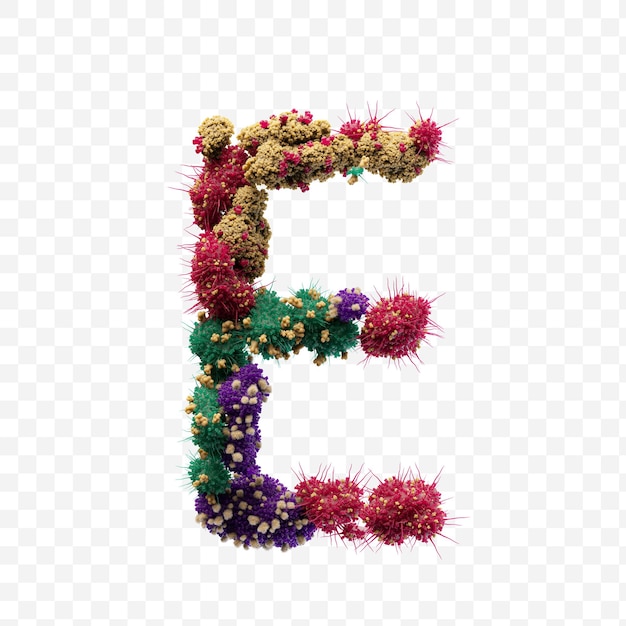 Lettre de l'alphabet e faite de virus ou de bactéries isolées