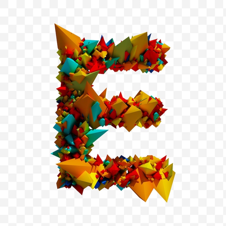 PSD lettre de l'alphabet explosée colorée e sur fond blanc illustration 3d