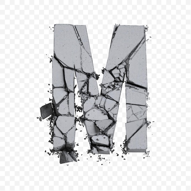 Lettre de l'alphabet m faite d'illustration 3D de bloc de béton cassé isolée