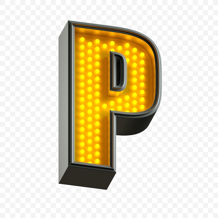 PSD lettre de l'alphabet néon lumineux p avec lumière jaune fluorescente isolée
