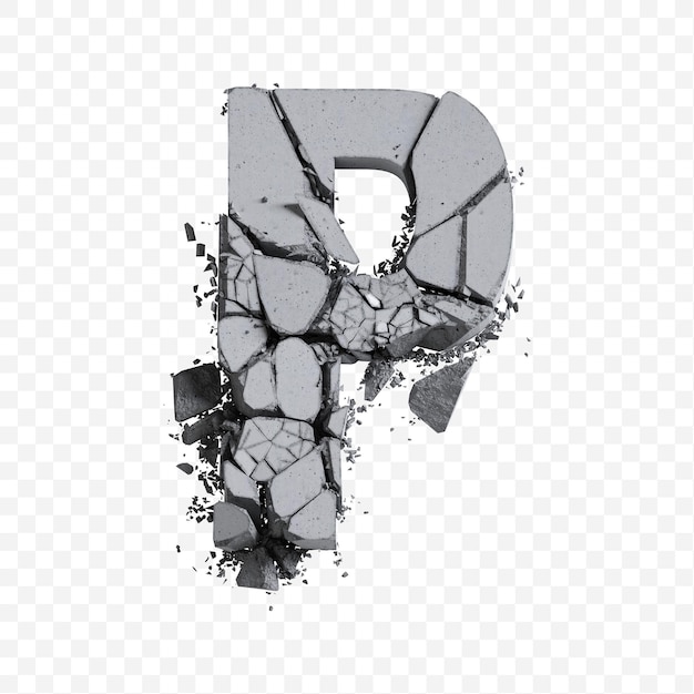 Lettre de l'alphabet p faite d'illustration 3D de bloc de béton cassé isolée