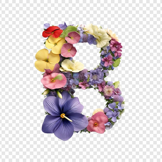 PSD lettre b avec des éléments de fleur fleur faite de fleur 3d isolée sur un fond transparent