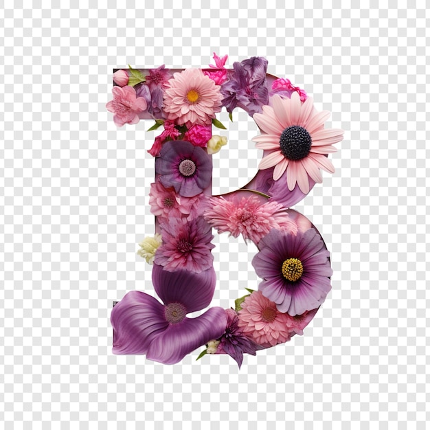 PSD lettre b avec des éléments de fleur fleur faite de fleur 3d isolée sur un fond transparent