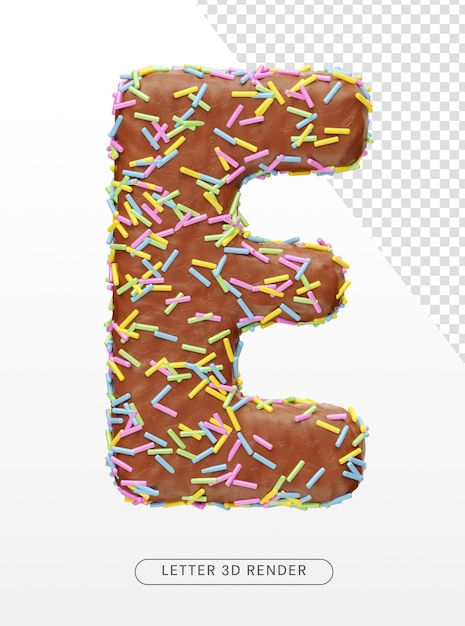 PSD lettre e avec texture chocolat et pépites colorées sur fond transparent en rendu 3d