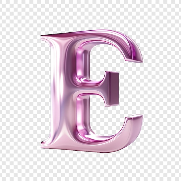 PSD lettre e en verre rose métallique isolée sur fond transparent