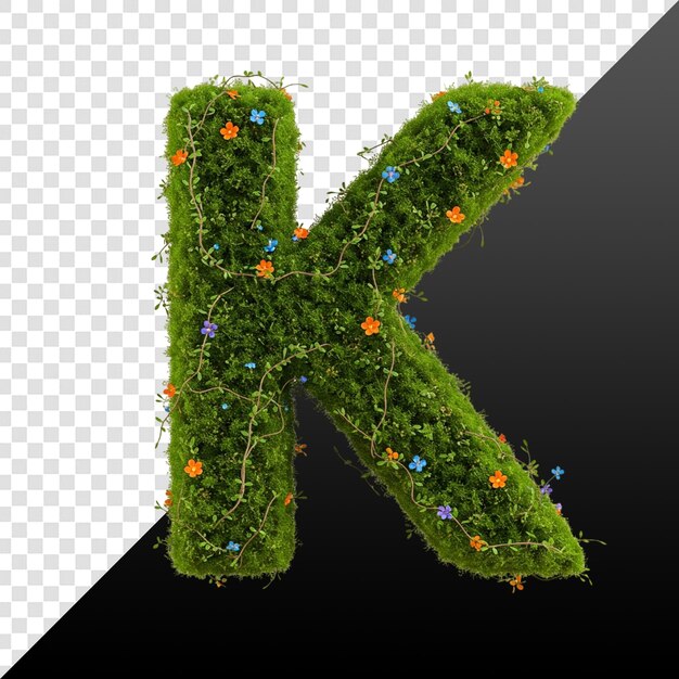 La lettre K recouverte de plantes vertes avec des fleurs et des vignes