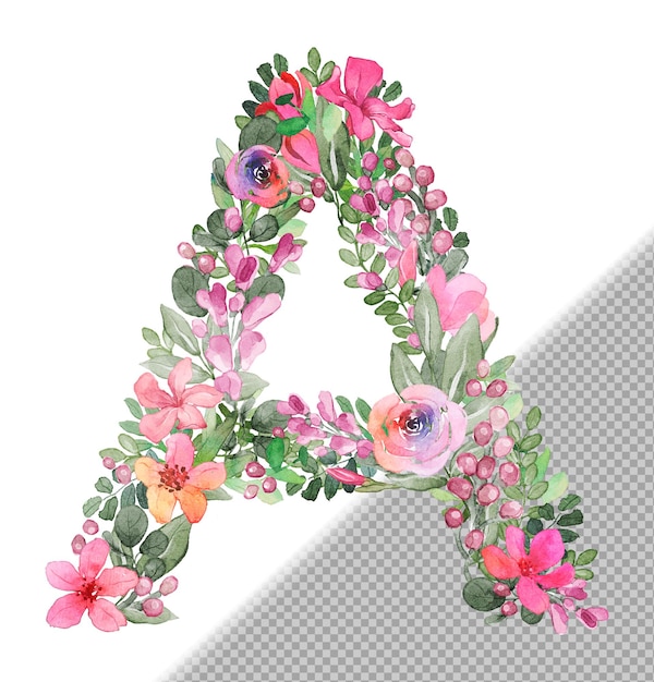 PSD une lettre en majuscule faite de fleurs et de feuilles douces dessinées à la main