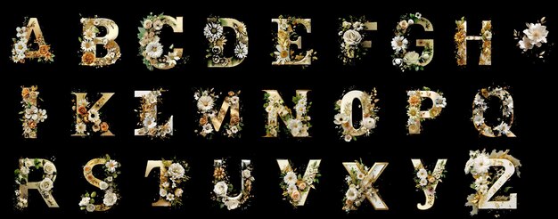 PSD lettre or avec des fleurs sur fond transparent