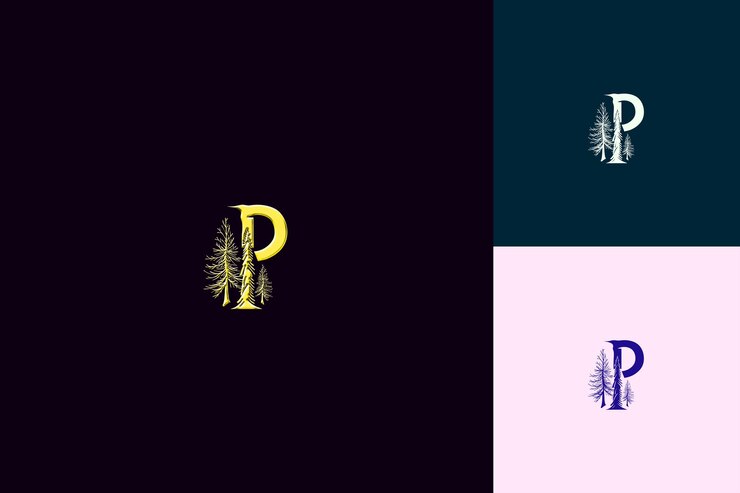 PSD lettre p avec le logo de la forêt style de conception avec le p en forme de nature collections de vecteurs abstraits
