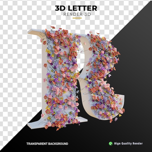 PSD lettre r édition de fleurs 3d rendu réaliste de haute qualité