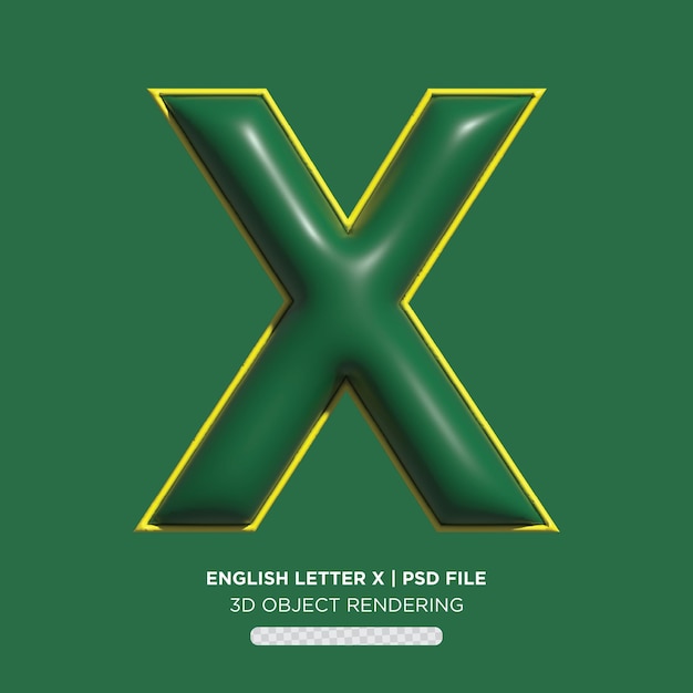 Une lettre verte x avec le fichier lettre x p1d en rendu 3d.