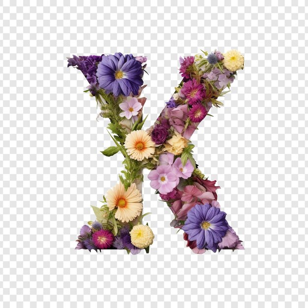 Lettre X avec des éléments de fleur fleur faite de fleur 3D isolée sur un fond transparent
