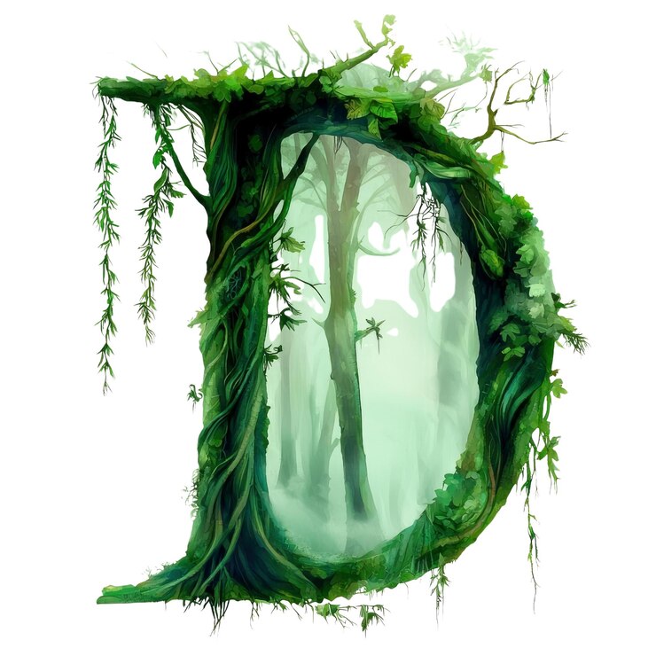 PSD lettres d forêt forêt alphabet nature typographie lettres vertes forêt enchantée mystique