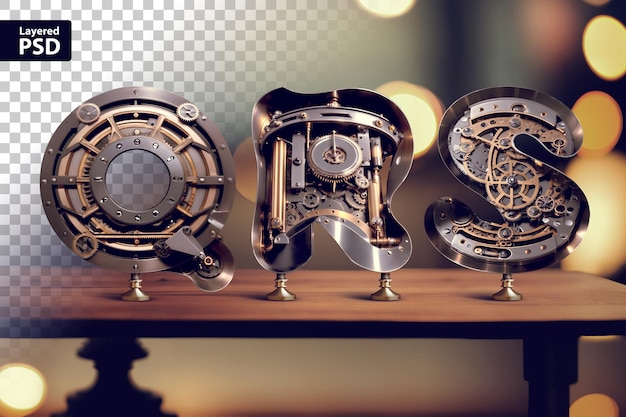 PSD lettres steampunk vintage debout sur la table avec un arrière-plan flou bokeh