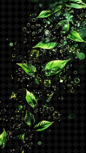 Leuchtender grüner teespritzer mit kaskadernden grünen teeblättern neonfarbe lebensmittelgetränk y2k-kollektion