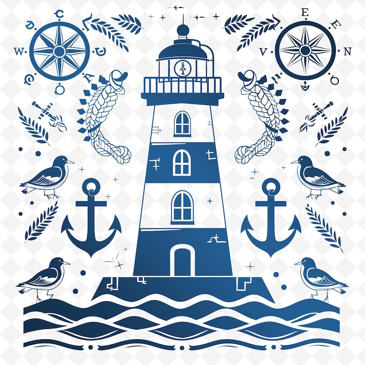 PSD leuchtturm-umriss mit nautischen symbolen und möwen ancho-illustration dekorationsmotive sammlung