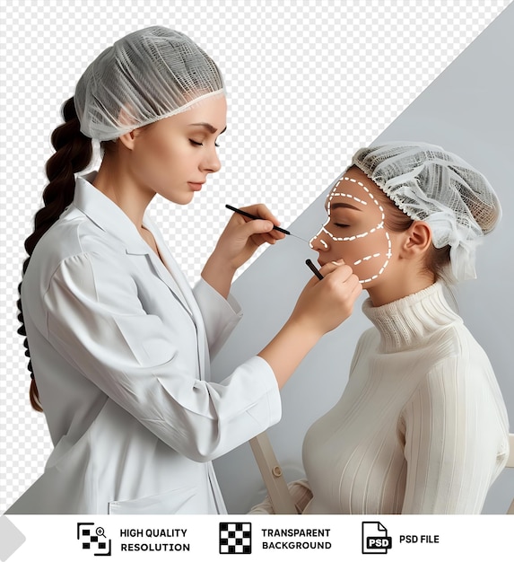 levantamento facial isolado de uma mulher de cabelo castanho vestindo um vestido branco e brincos de prata segurando uma caneta preta em sua mão contra uma parede branca com uma orelha pequena visível no png