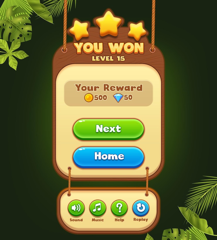 PSD level complete game ui popup 2d interface game ui gaming ui 2d wooden style game ui