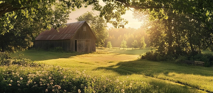 PSD le lever du soleil au-dessus d'une grange rustique dans une prairie tranquille