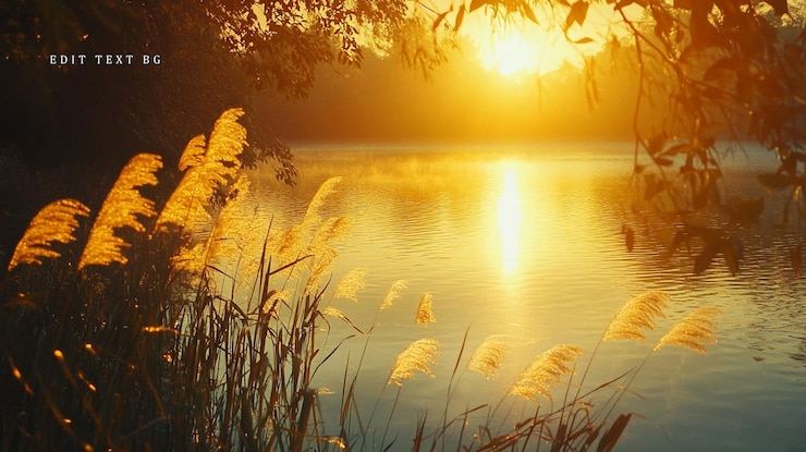 PSD le lever du soleil doré sur le lac calme avec l'herbe haute