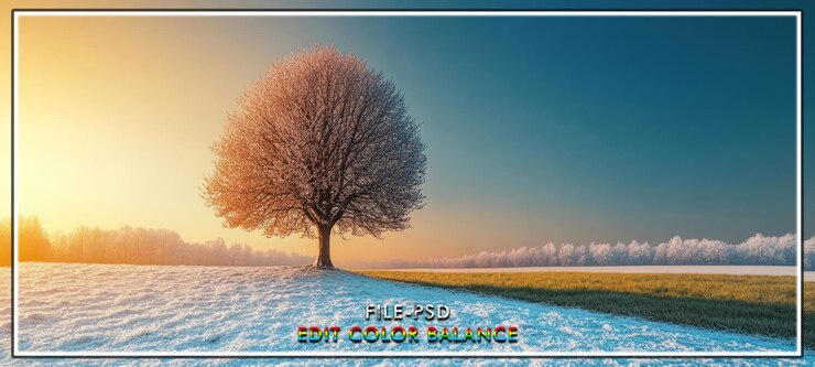 PSD le lever du soleil glacé, l'arbre solitaire, le champ enneigé.