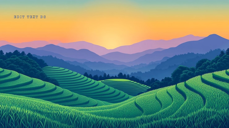 PSD le lever du soleil sur les terrasses de riz vertes et vibrantes dans un paysage montagneux