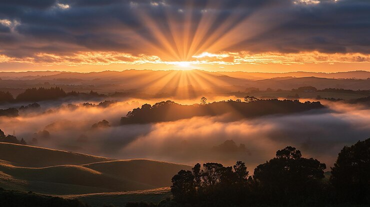 PSD un lever de soleil majestueux au-dessus d'une vallée brumeuse avec des rayons de soleil brisant les nuages