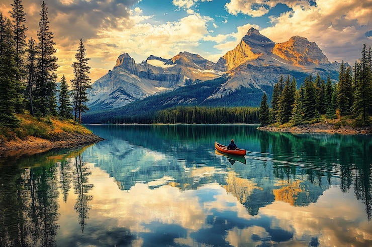 PSD un lever de soleil serein en canoë sur un lac de montagne