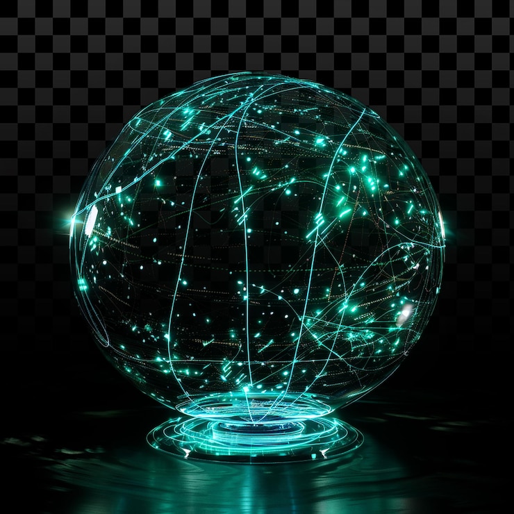 PSD levitando globo holográfico futurista que emite líneas de datos de neón azul y verde en bg transparente