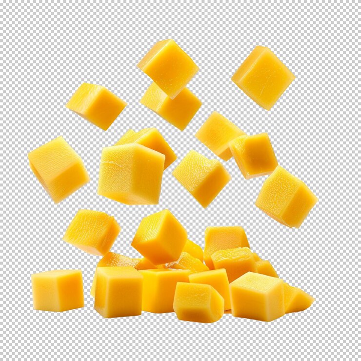 PSD levitando mango rodeado de cubos de jugo mordeduras cubo de hielo aislado en fondo transparente