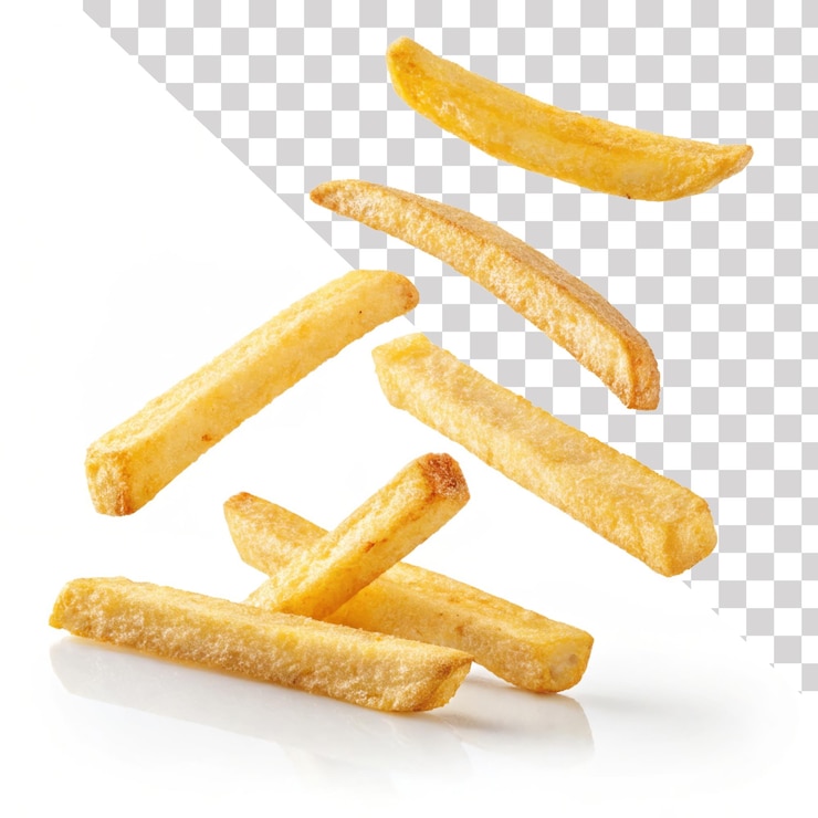 PSD levitazione di patatine fritte su sfondo trasparente png isolate patatine crispanti