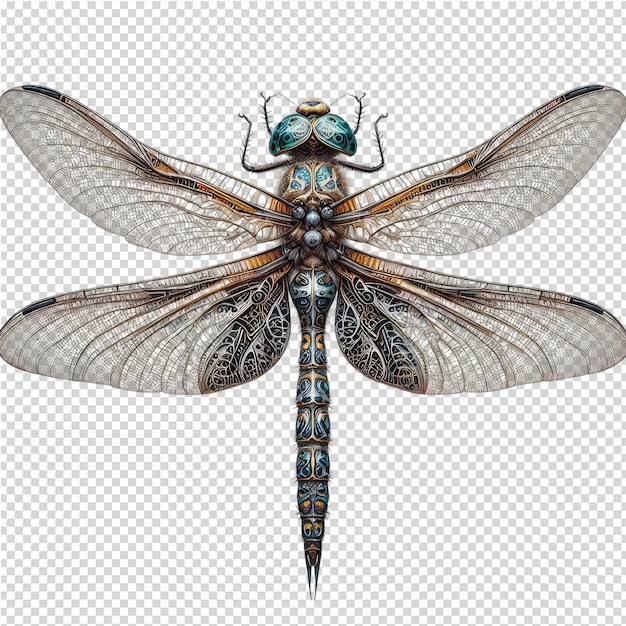 PSD une libellule avec un corps bleu et vert et les mots 