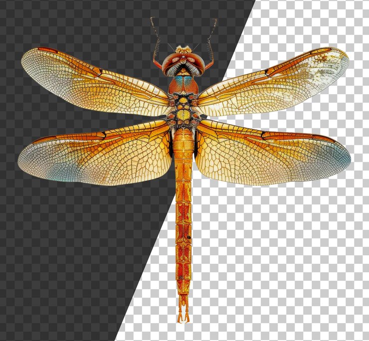 PSD libélula naranja con alas transparentes en un fondo transparente