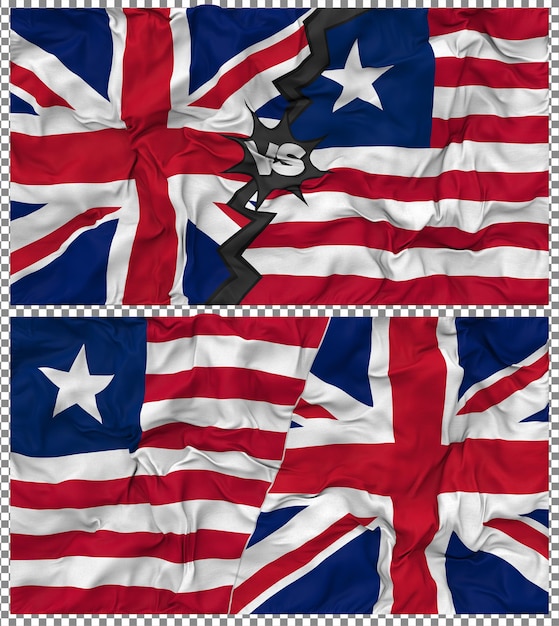Liberia contra el Reino Unido Media bandera combinada Tejido Bump Textura Renderizado en 3D
