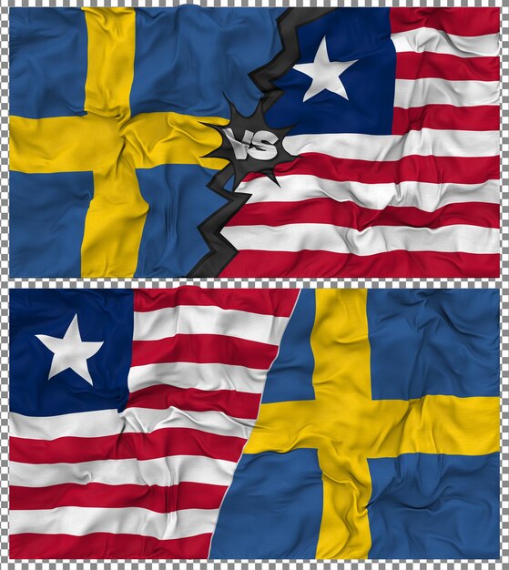 Liberia gegen Schweden Halbkombinierte Flagge Stoff-Bump-Textur 3D-Rendering
