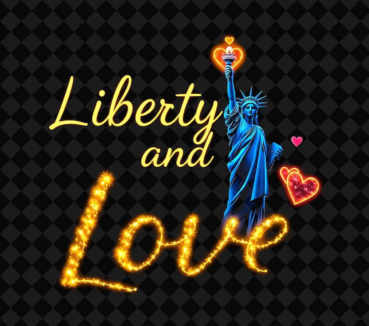 PSD liberté étincelante et texte d'amour en néon soleil jaune et indigo profond avec un st luminescent